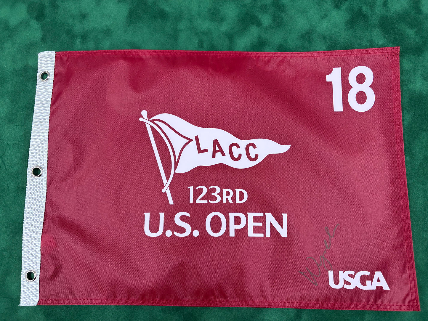Wyndham Clark Winner Signed 123rd US Open at LACC Burgundy Golf Flag + Dealer COA