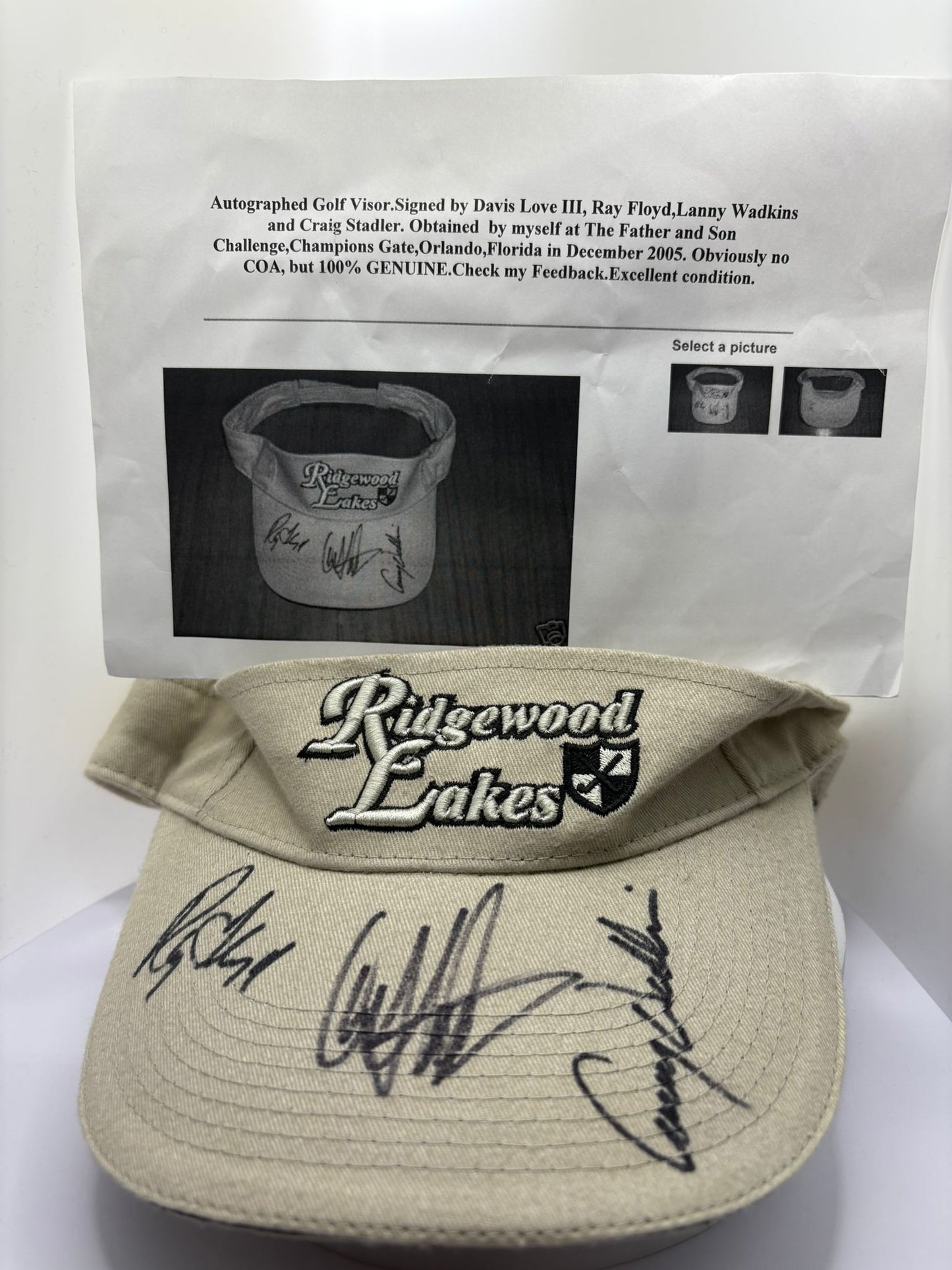Love III, Floyd, Wadkins & Stadler Signed Ridgewood Lakes Golf Visor (Dec 2005)+ Dealer COA