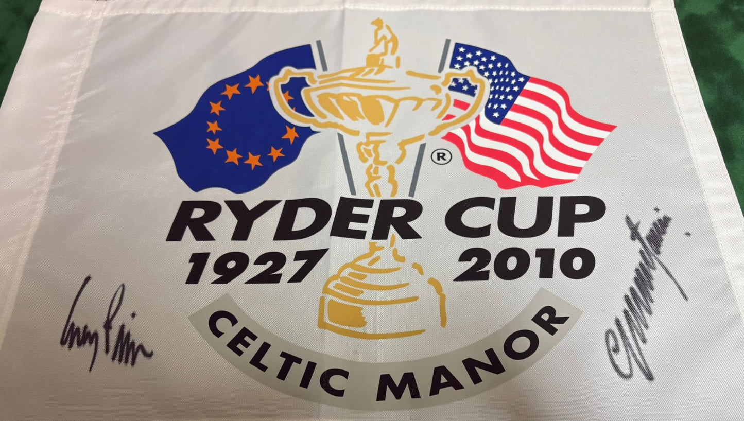 2010 Ryder Cup Captains Colin Montgomerie (Europe) & Corey Pavin (USA) Signed Golf Flag + Cert