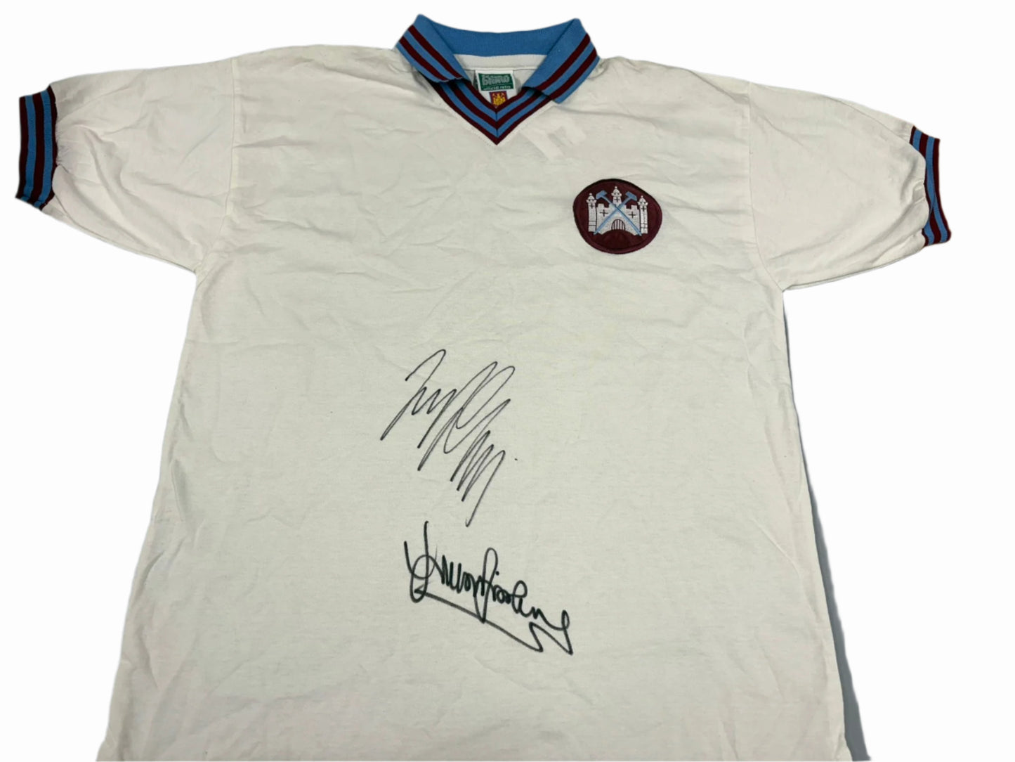 Retro West Ham FC Football Shirt Signed by Sir Trevor Brooking & Julian Dicks + Dealer COA