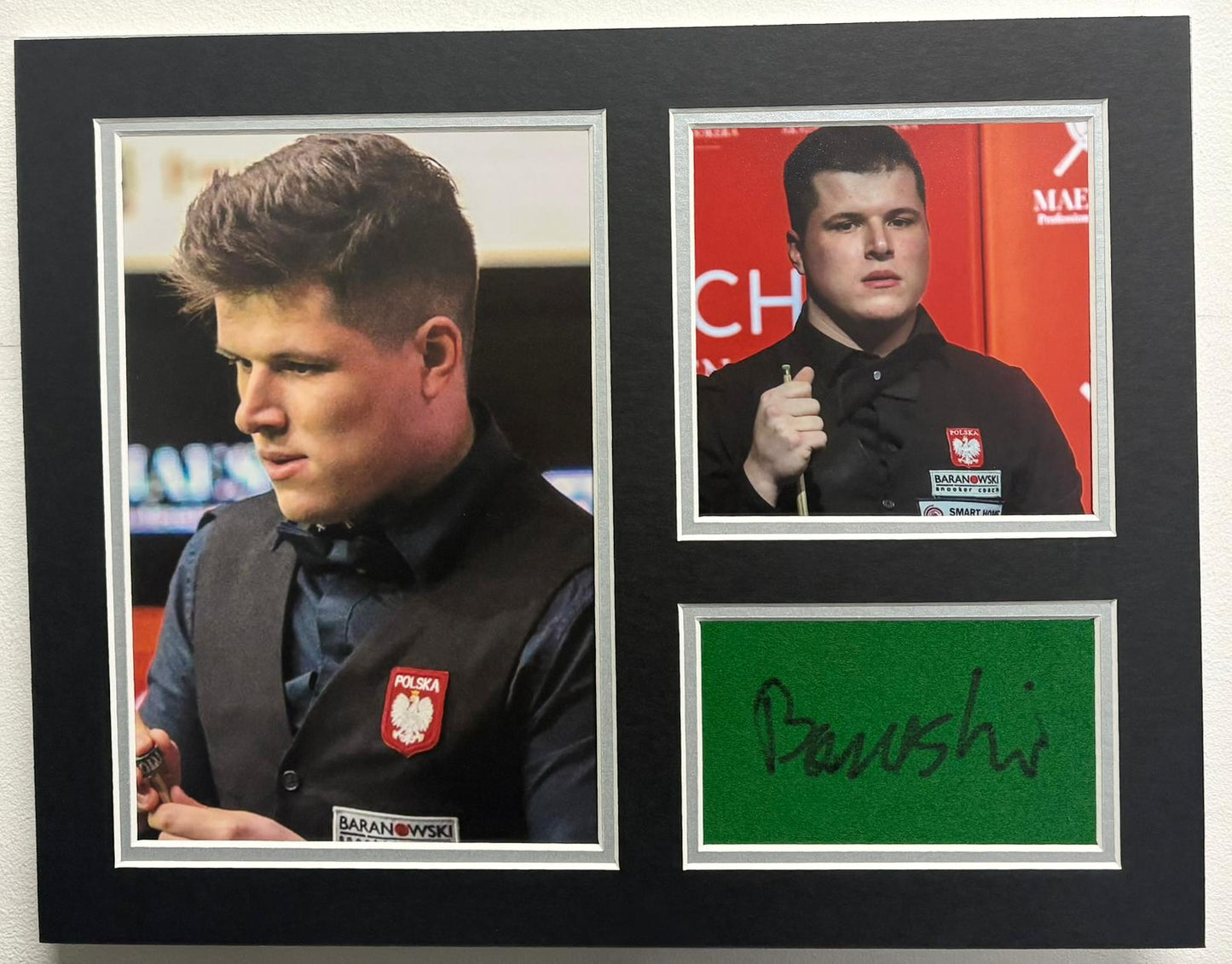 4x Polish National Snooker Champion Mateusz Baranowski Signed Baize Display + COA