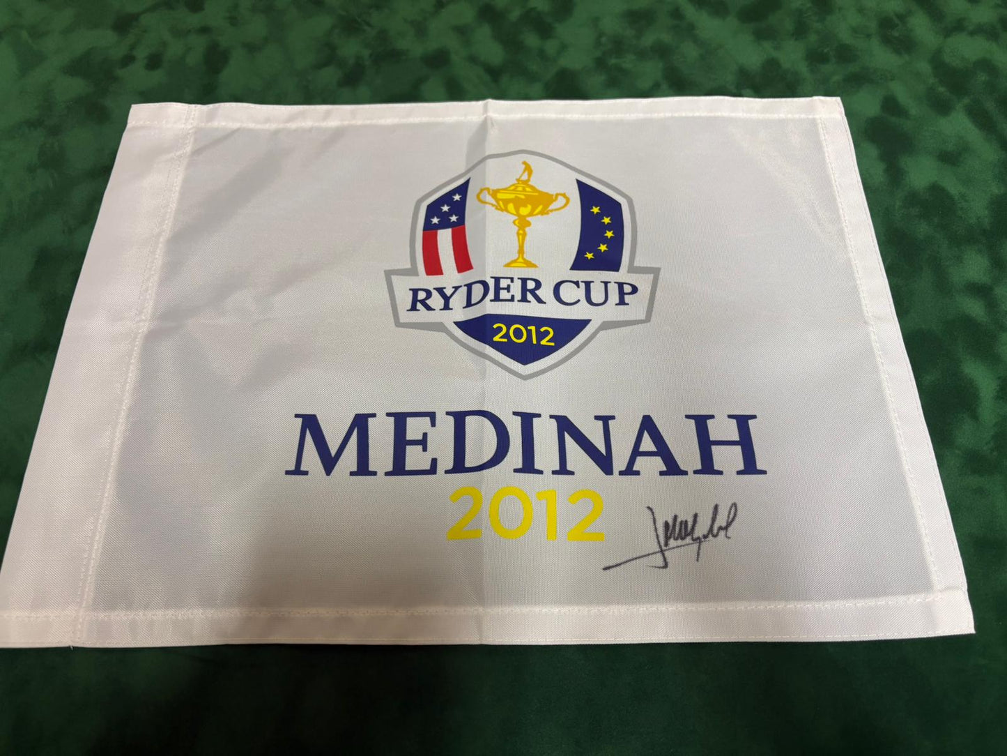 José María Olazábal Captain Signed 2012 Ryder Cup at Medinah Golf Flag + Dealer COA