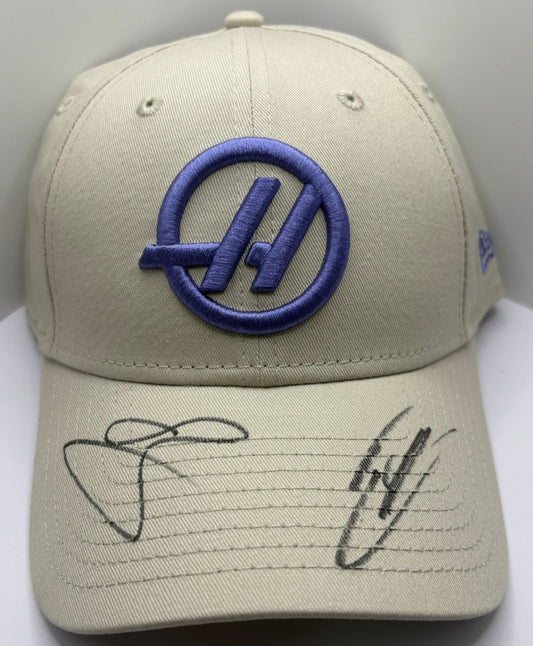 Ollie Bearman & Esteban Ocon MoneyGram Haas Drivers Signed Beige & Purple F1 Cap + COA