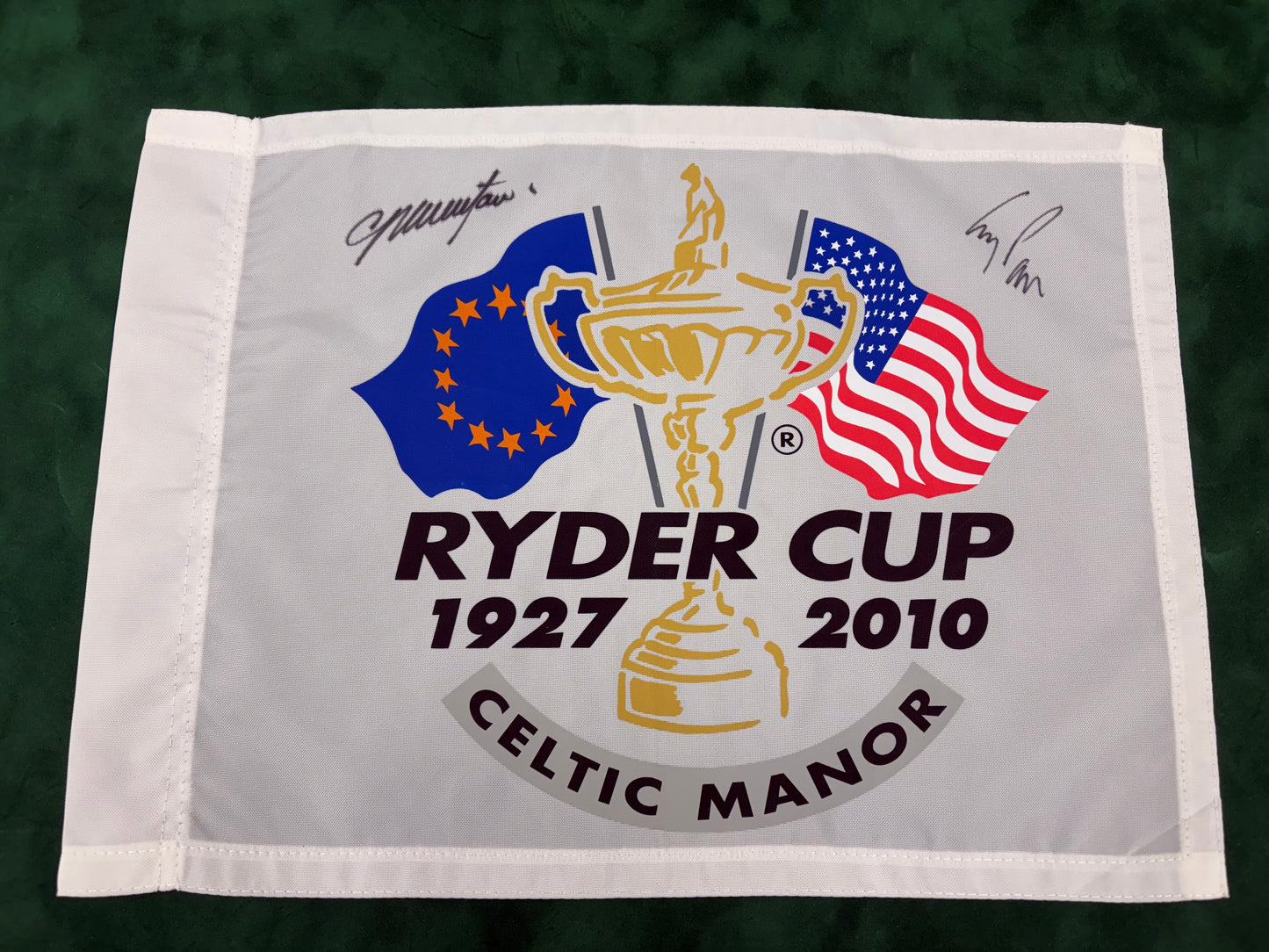 2010 Ryder Cup Captains Montgomerie (Europe) & Pavin (USA) Signed Golf Flag + Cert