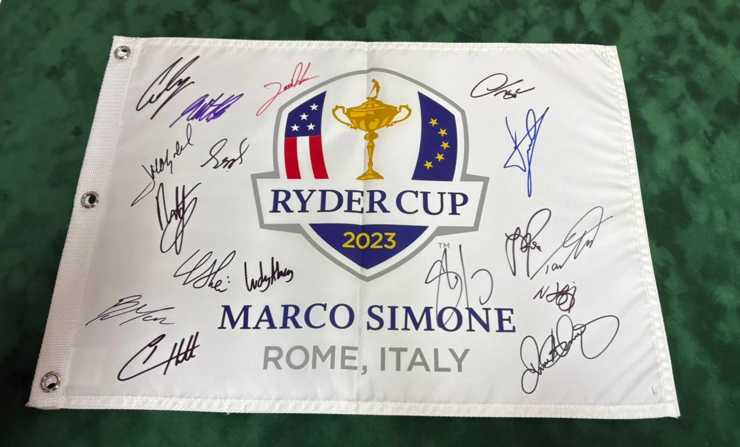 2023 Ryder Cup Team Europe Golf Flag Signed by 17 inc McIlroy Rahm Rose + Dealer COA